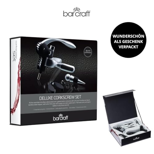 Foto von BarCraft Hebel-Korkenzieher und Weinflaschenöffner, mit Flaschenverschluss, Folienschneider und Ersatz-Antihaft-Schnecke, Metal Shimmer, 1 Set mit Präsentationsbox