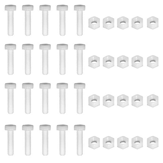 Juego de tornillos hexagonales de nailon blanco de 1.575 x 0.984 in (20 pernos + 20 tuercas de rosca completa)