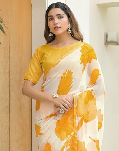 Image of SIRIL Women's Chiffon Printed Saree with Unstitched Blouse Piece