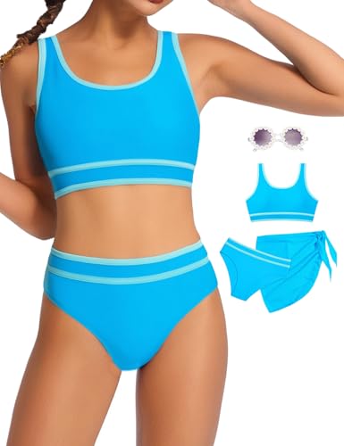Image of Teen Girls Swimsuit High Waist Sporty Bikini Bathing Suits with Cover Up Skirt and Sunglasses 4 Piece Set 8-15 Years