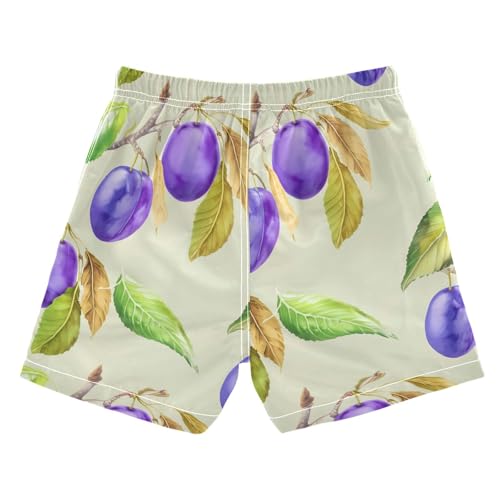 DOMIKING Plum Leaves Beige Kids' Swim Trunks with Mesh Lining Boys Swimsuits with Pockets for Swimming Hiking Quick Dry XS2