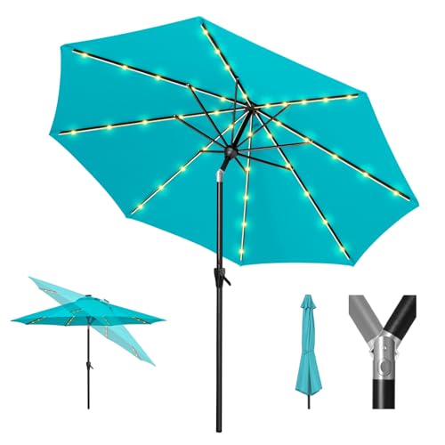 Image of Tempera Patio LED Umbrella with Light | Solar Outdoor Umbrella | Market Table Parasol with Push Button Tilt and Crank, with Sturdy Pole & Fade Resistant Canopy, Easy to Set