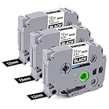 Kompatibel für Brother P-touch Bänder 12mm Schwarz TZe-335 Schriftband TZ 12mm 0.47 Laminated Black TZe335 Weiß auf Schwarz, für Brother Ptouch PT-H105 H100LB 1010 H101C D400 H110 Schriftband 3-Pack