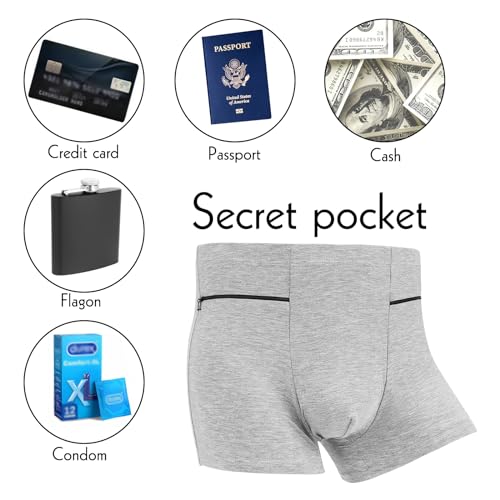 LUEXBOX Pocket Underwear for Men with Secret Hidden Pocket, Travel Boxer Briefs, 2 Packs (Grey)4