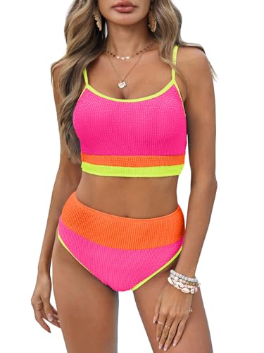 Fisoew Womens Neon Bikini Sets High Waisted Ribbed Color Block Spaghetti Straps Scoop Neck Textured Two Piece Swimsuits