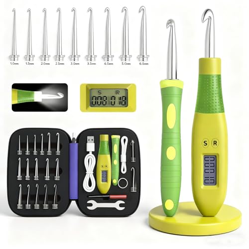 Image of Light up Crochet Hook Set with Stitch Counter Crochet Kit with 18 Different Size Interchangeable Crochet Needle,Ergonomic with 2 Levels Led and Digital Stitch Counter for Crocheting and Knitting
