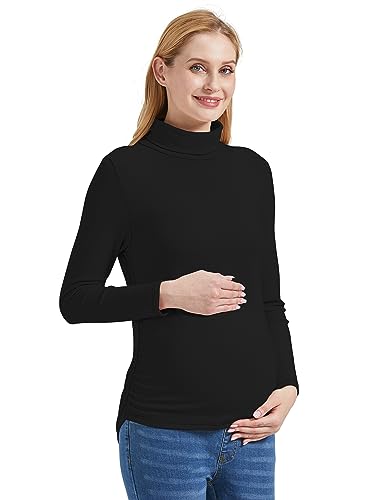 Foucome Dolcevita premaman a maniche lunghe foderato in pile stratificazione di base elasticizzato morbido intimo termico top per donne incinte, Nero , L