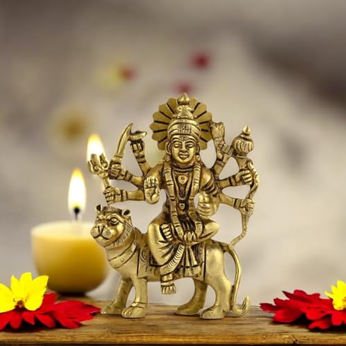 Image of 100% Pure Brass Maa Durga Devi Idol /Murti /Statue Sherawali Idol /Statue for Navratri Home Diwali Decoration and Diwali Gifts Height:- 4.49 Inches