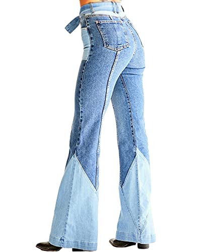 SOMTHRON Women's Patchwork High Waisted Belted Flare Jeans Bell Bottom Color Block Retro Vintage Long Denim Pants2