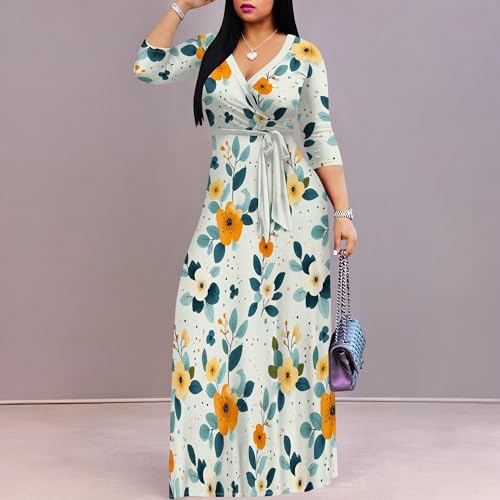 Image of PinkPatty Plus Size Maxi Dress for Women Casual V Neck 3 /4 Sleeve Boho Printed Long Dress with Pockets