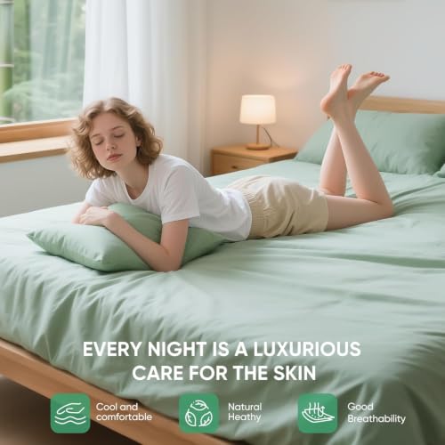 Image of TWK Real 100% Viscose Derived from Bamboo Sheets Set King Size, Cooling & Silky Soft for Hot Sleeper, Breathable & Moisture Wicking Fabric, 18 inch Deep Pocket with Corner Straps (Sea Glass, King)