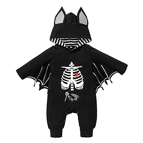 JLKGICF My First Halloween Outfit Newborn Baby Boy Girl Cosplay Clothes Infant Bat Clothes Hoodie Romper Playsuit Jumpsuits (C Black(bat with skeleton), 9-12 Months)
