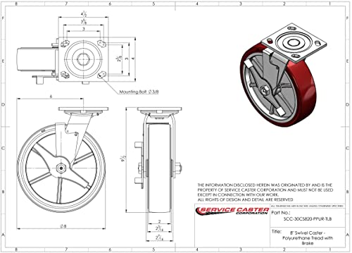 Service Caster Brand 8 Inch Heavy Duty Swivel Caster Wheel Polyurethane Wheel – 1,000Lbs./Caster – Swivel Plate Caster With Locking Brake & Roller Bearing #TOP2