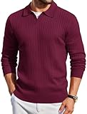 COOFANDY Men Long Sleeve Polos with Collar Knitted Casual Dress Polos Sweater Fitted Polo Pullover Sweater Dark Red