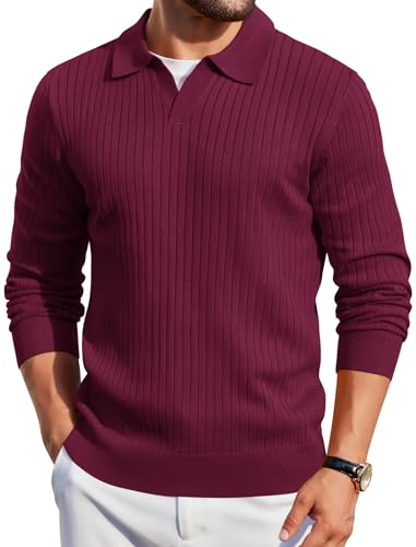 COOFANDY Men Long Sleeve Polos with Collar Knitted Casual Dress Polos Sweater Fitted Polo Pullover Sweater Dark Red