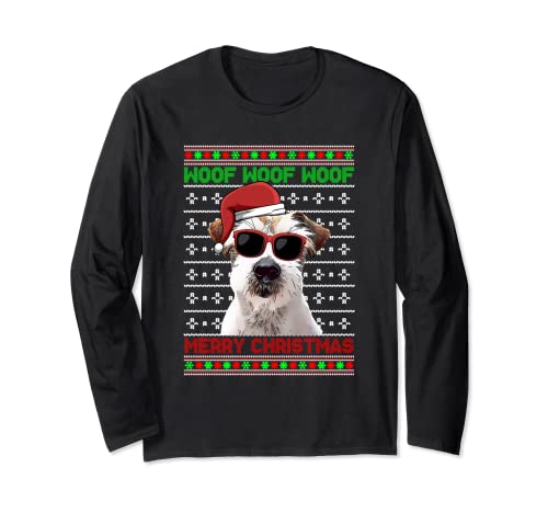 Jack Russell Terrier Perro divertido Woof Feliz Navidad Manga Larga