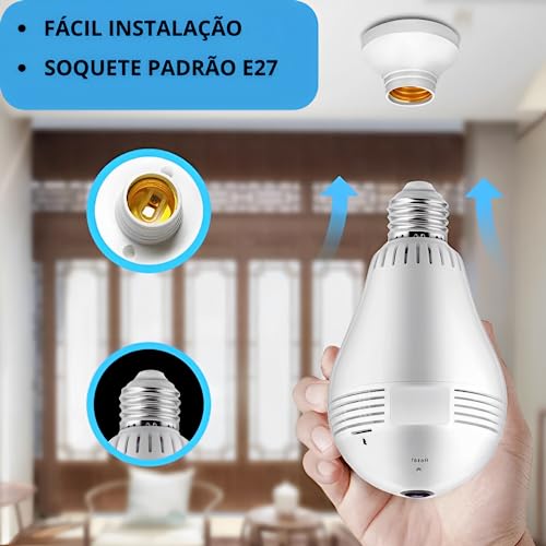 Câmera Lâmpada Led Ip Wifi 360 Panorâmica Visão Noturna Hd Com Sensor de Movimento