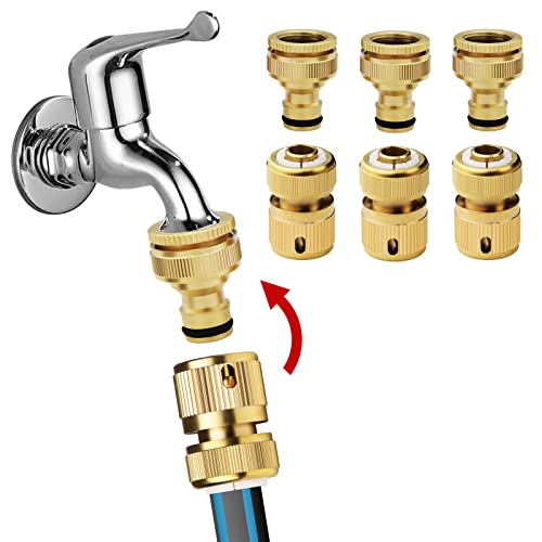 Brass Hose Tap Connectors 1/2 Inch and 3/4 Inch 2in1 Faucet Adapter,1/2 Inch Garden Hose Quick Connector,Fitting for Car Washing & Hose Connection (6 pcs)