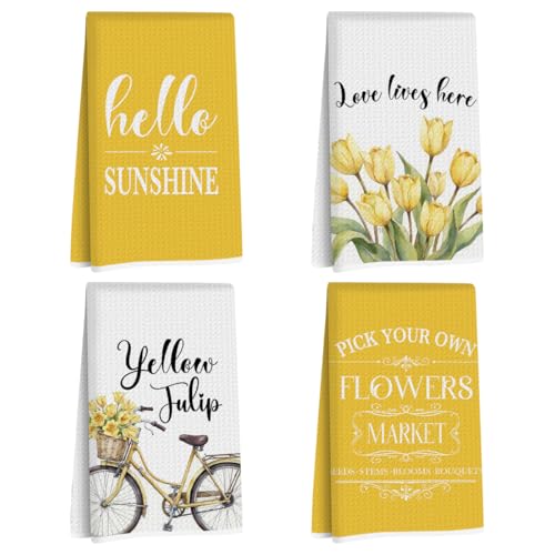 4Pcs Pastoral Tulip Kitchen Towels, Vintage Bicycle Decorative Absorbent Microfiber Dish Cloth Tea Towel, Rustic Waffle Soft Hand Towels for Farmhouse Home Bathroom Kitchen Decor, Housewarming Gifts
