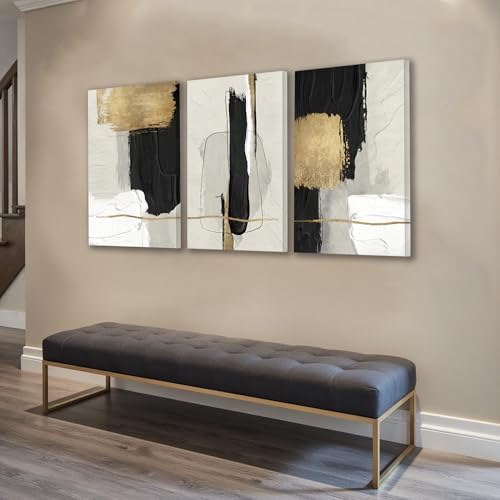 Image of DUWQU Abstract Brushstrokes Canvas Wall Art Black White Gold 20x30 inch x3 | Wooden frame, UV-resistant ink, Giclee printing process, Pre-installed hooks make it easy to hang home or office wall decor