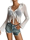 SOFIA'S CHOICE Women's Open Front Tie Knot Crop Top Long Sleeve Ruffle V Neck Blouse Shirts White...
