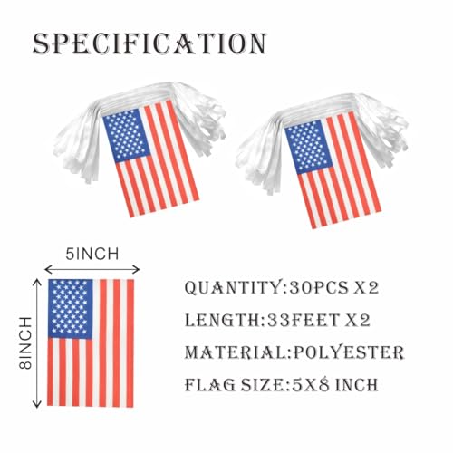 Image of 2 Pack American Flag Banner String Small Mini 66 Feet 60 Pcs USA Hanging Flags Memorial Day Veterans Day 4th of July Decoration