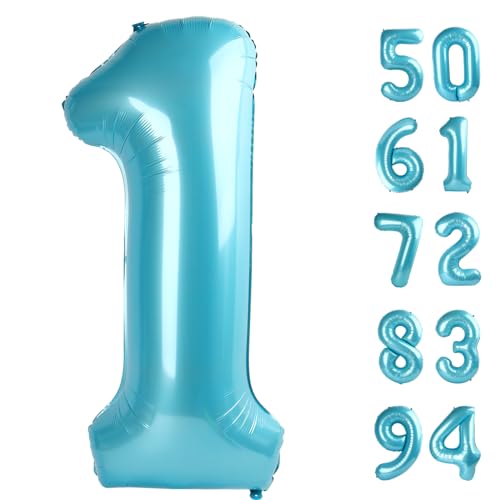 Image of 40 Inch Pearlescent Blue 1 Balloon for First Birthday, 1st Number Balloons Birthday Decorations, One Giant Number 1 Balloon