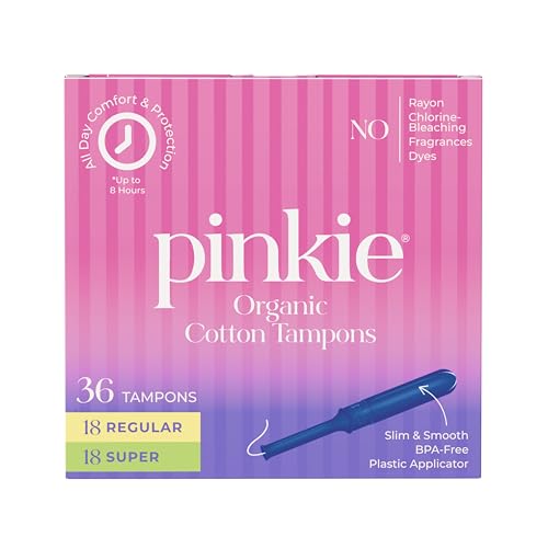 Pinkie Organic Tampons for Teens & Adults - 100% Cotton Core Adapts to Your Body - Slim BPA-Free Applicator for Comfortable Insertion - Chlorine, Fragrance, Dye & Rayon Free - Regular/Super, 36 Count