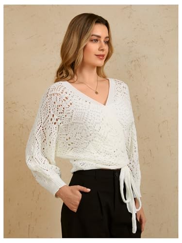 MakeMeChic Women's Fall Crochet Cardigan Sweaters Wrap Pointelle Lantern Sleeve Tie Side Cardigans V Neck Crop Knitwear4