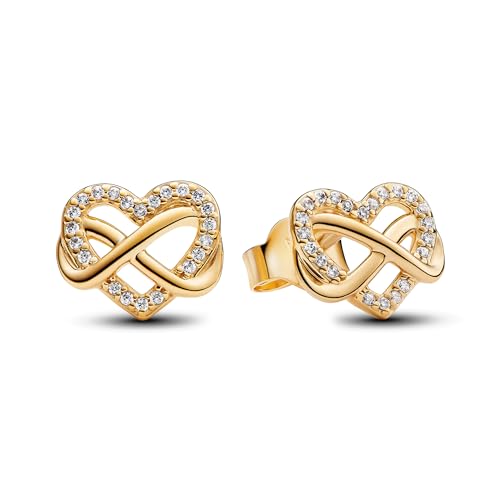 Pandora Moments Pendientes de botón con diseño de corazón y símbolo de infinito chapados en oro de 14 quilates con circonitas cúbicas transparentes