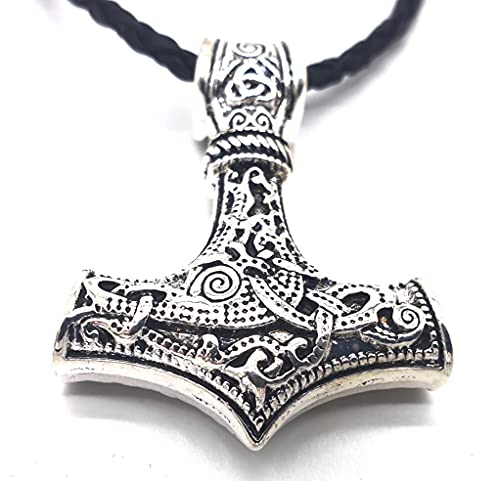 Colgante vikingo Mjolnir Martillo de Thor de metal plateado con collar de cuero en bolsa de joyería Cover