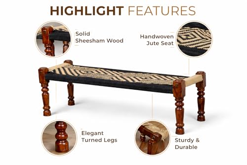 Image of Handwoven Wooden Bench | Traditional Rope Charpai Stool | Solid Wood Frame Seating for Living Room, Balcony & Outdoor | Durable & Stylish Design (Black with Jute)