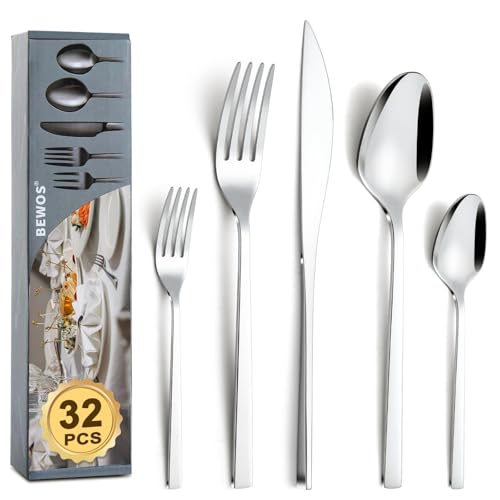 BEWOS Cubertería para 6 personas, cubertería de acero inoxidable de 30 piezas, cubertería incl. cuchillo, tenedor, cuchara, pulida, brillante, apta para lavavajillas