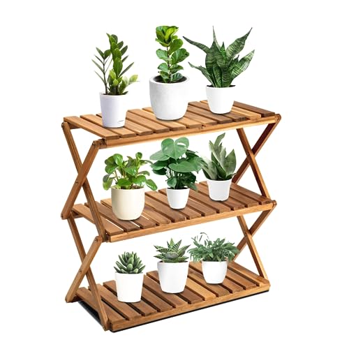 BEEFURNI Acacia Plant Stand Indoor, Wooden Outdoor Planter Stand, 3 Tier Succulent Shelf, Easy Assembly, Patio Balcony Sunroom Decor, Flower Garden Shelf, 1-year Manufacturer Warranty (Natural Wood)