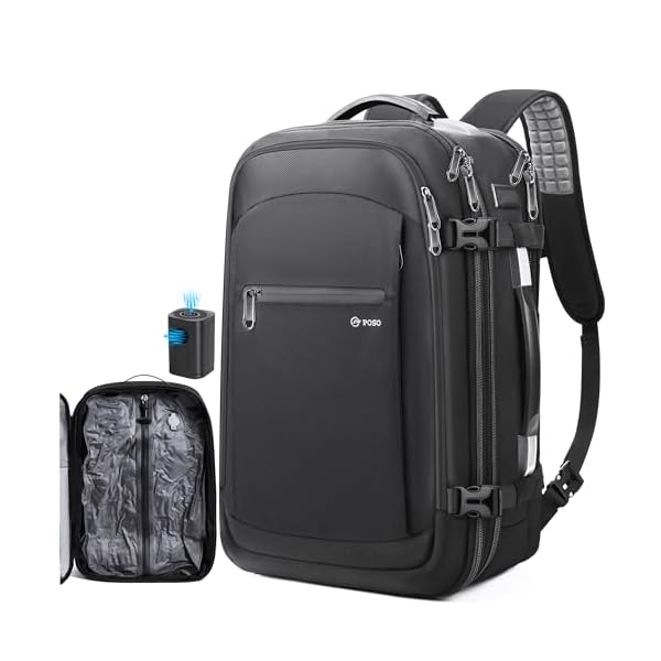 POSO Vacuum Backpack Travel, 60L Expandable Vacuum Seal Backpack with Pump, fit 17'' Laptop Backpack, TSA Lock Carry-On Airback Travel Backpack with Detachable Compression Airbag- Black