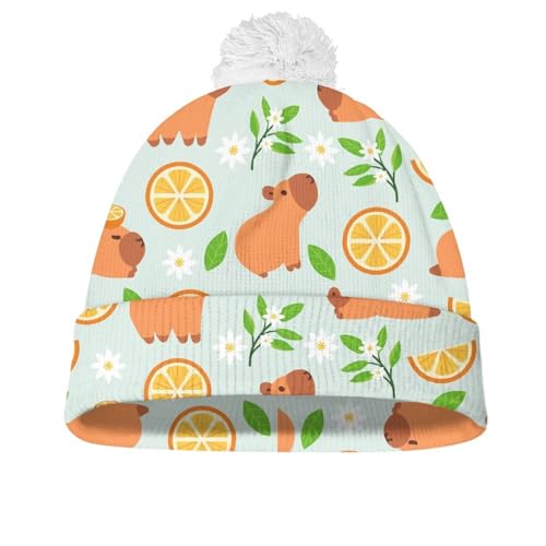 Noprintge Capybara Oranges Winter Warm Pompom Beanie Hat for Toddler Little Kids, Soft Comfy Fashionable Cold Weather Hats for Boys Girls