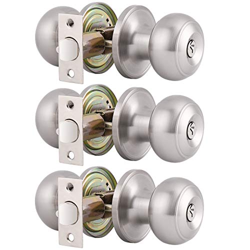 Gobrico Round Keyed-Alike Exterior Door Hardware Entrance Locksets Door Knobs, Satin Nickel, 3Pack, Stainless Steel #TOP27