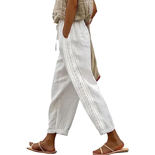 LOAIHA Women's Cotton Linen Pants Summer Casual Elastic High Waist Solid Straight Wide Leg Loose Fit Pants with Pockets
