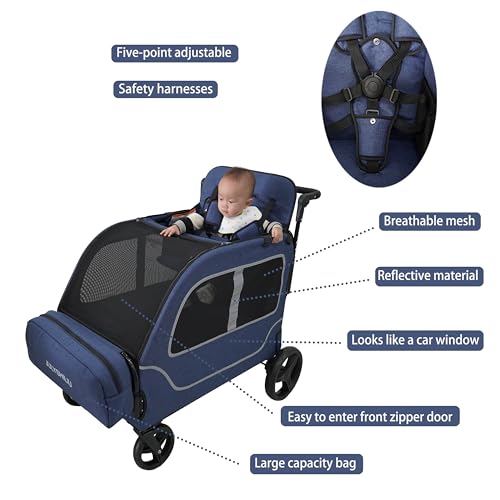 JULYSHILIU Wagon for Kids 4 Seater Wagon Stroller Travel All Terrain Foldable 2 3 5 Year Old Toddlers Child Twins Triplet Quad Stroller with Bench Seat Storage (Deep Blue) - Thumbnail 5