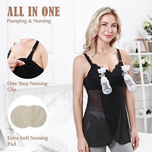 Le Bebe La Mama Hands Free Pumping And Nursing Tank Top | All In One Maternity Camisole For Breastfeeding Black Lace #TOP1