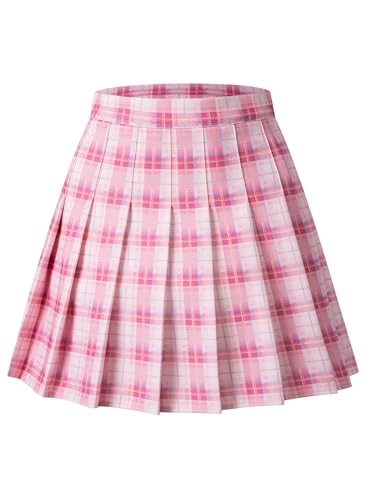 Image of Shestellar Stretchy Short Pleated Skirts for Women Cheerleader Uniform High Waist A-line Mini Skirt Pink Plaid M