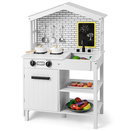 COSTWAY Kinderküche mit Spielzubehör, Spielküche Holz mit Tafel &...