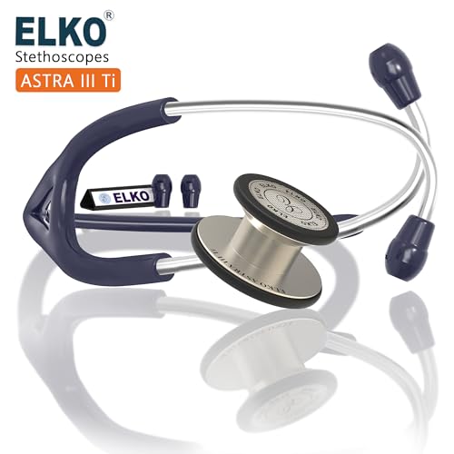 Image of ELKO EL-240 ASTRA III Ti Titanium dual head acoustic stethoscope | Adult & Pediatric Stethoscope with Double-sided Natural Titanium Chestpiece | Two-Way PVC Tubing | Doctors & Medical Students (Blue)