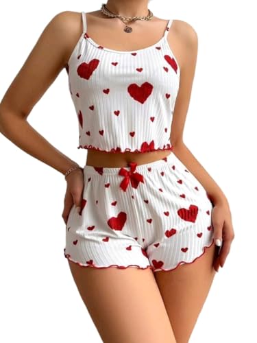 Heart Print Pajamas Loungewear Sleeveless Cutout Shirt Pjs Slim Fit Bowknot Shorts Sleepwear Two Piece Set