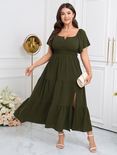 Image of SCOMCHIC Womens Plus Size Maxi Dress Formal Short Sleeve Square Neck Smocked Side Split Flowy A Line Tiered Long Dress