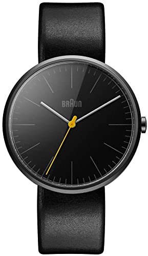 Braun Mens Ceramic 3-Hand Analogue Quartz Watch, Black Dial and Black Leather Strap, 42mm Ceramic Case, Model BN0172BKBKG.