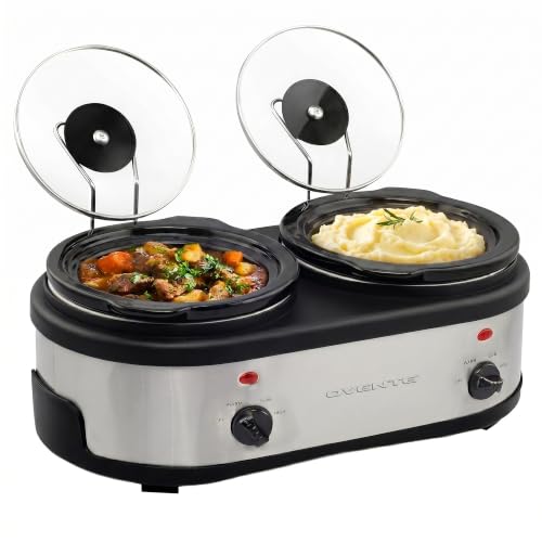 Image of OVENTE Double Slow Cooker, 3Qt Buffet Server, Silver SLO215BR | Dual 1.5Qt Pots, Adjustable Heat Control, Easy to Serve & Clean, Perfect for Entertaining, Space-Saving Design