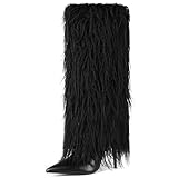 Mandiaupup Fold Over Fur Boots for Women Stiletto High Heel Fringe Side Zipper Pointed Toe Party Wedding Bridal Clubwear Evening Black Faux Fur Knee High Boots Size 8