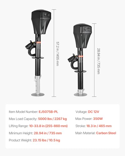 VEVOR Elektrischer Anhängerheber, 2267 kg, Wohnmobil-Anhängerstütze mit 7-poligem Stecker, manueller Kurbel & Wagenheberabdeckung, 255-860 mm Hub, für Anhänger, Wohnmobile & Wohnwagen, schwarz