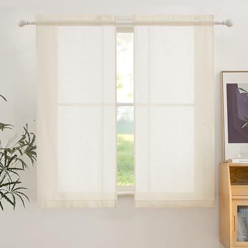 PONY DANCE Leinen Scheibengardinen für Kleine Fenster Halbtransparente Vorhänge im Landhausstil Küche Gardinen Kurz Linen Curtains 2 Stücke B 60 x H 120 cm, Creme